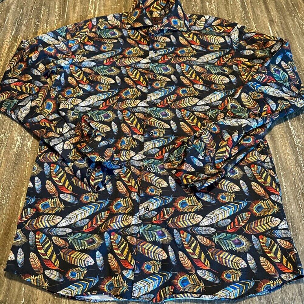Men's Axxess All Over Feathers Print Long Sleeve Dress Shirt, Large